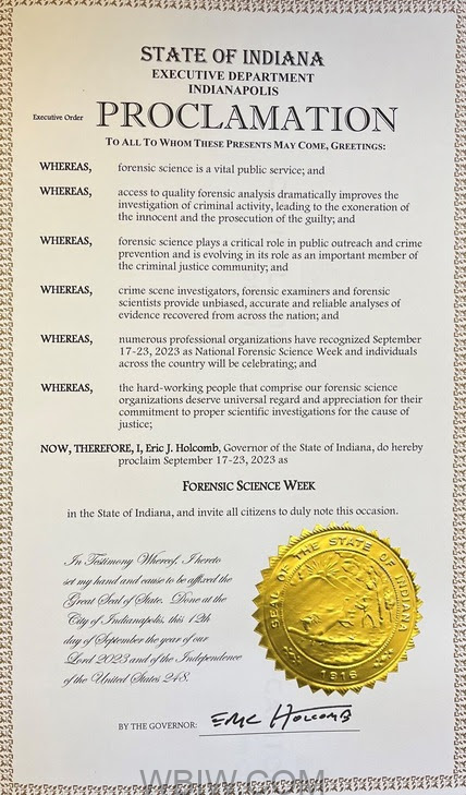 Governor Holcomb Declares Proclamation for Forensic Science Week: September 17-23, 2023