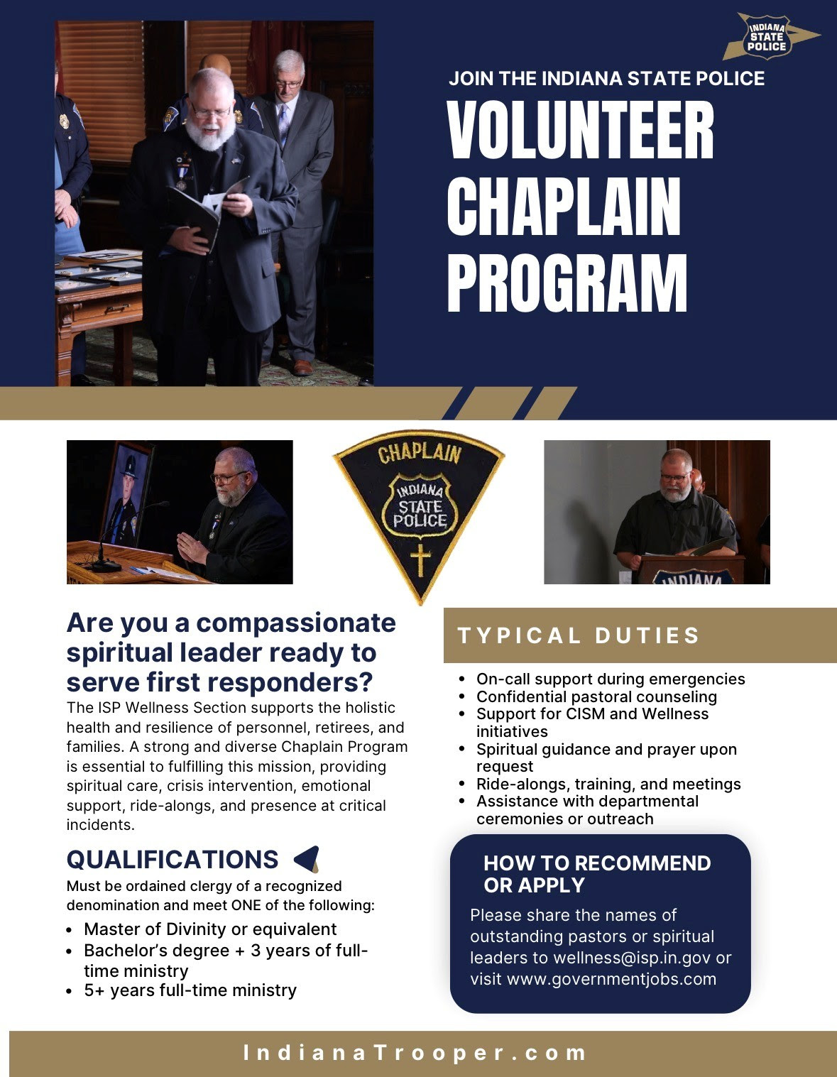 Indiana State Police seeks volunteer chaplains to support trooper wellness and resilience