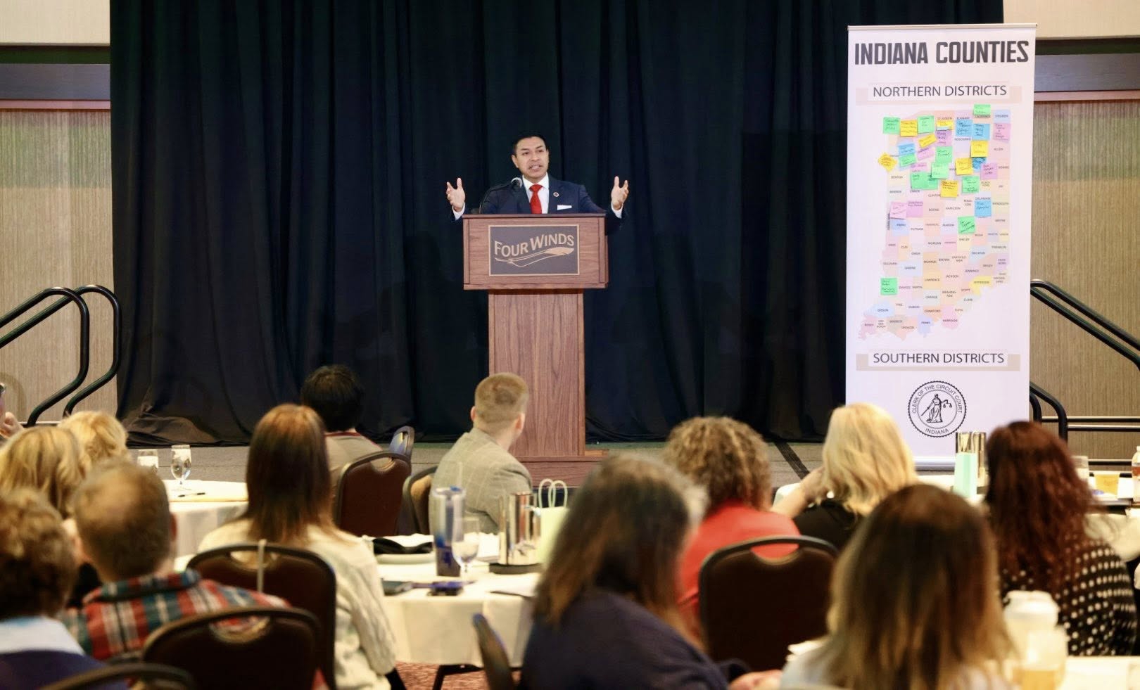 Secretary of State Diego Morales addresses Indiana county clerks at Northern and Southern District Conferences