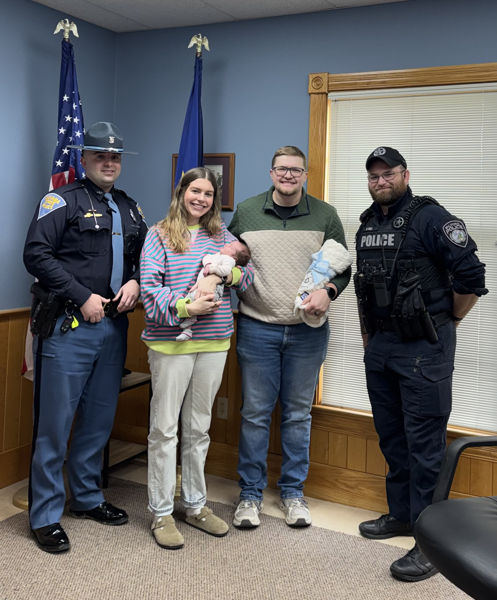 Indiana State Trooper and Milford Police Officer escort special “delivery”