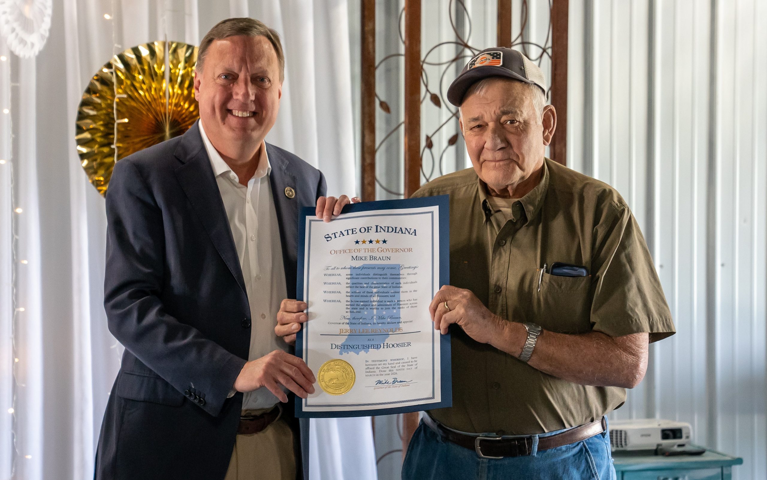 Reynolds rebuilt American infrastructure; Appointed a Distinguished Hoosier by Sen. Koch on behalf of Gov. Braun