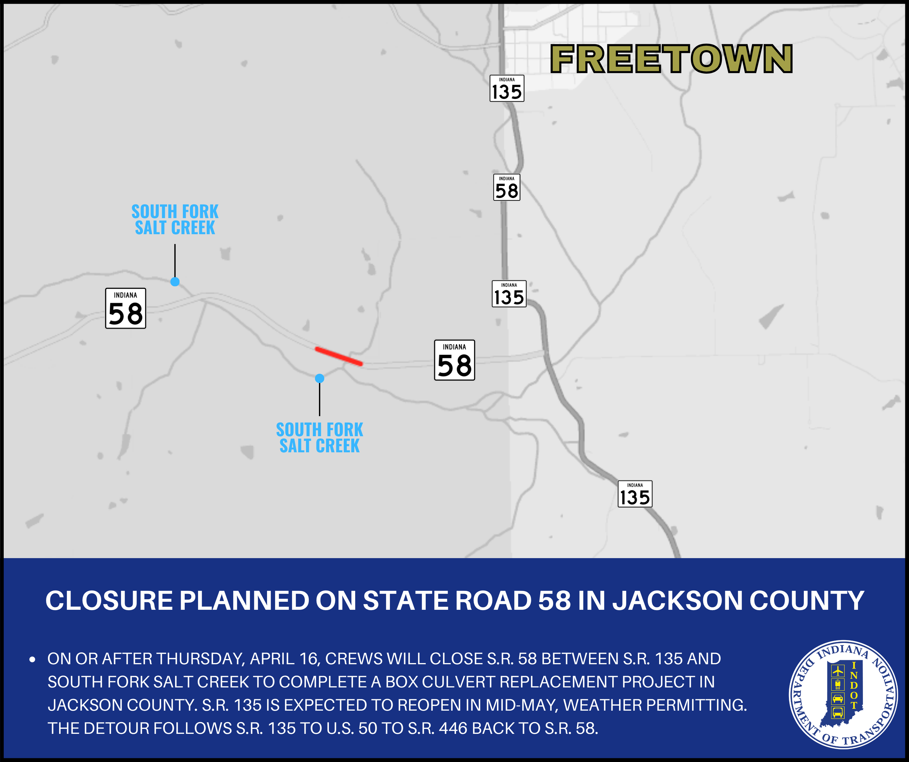 Closure planned on State Road 58 in Jackson County