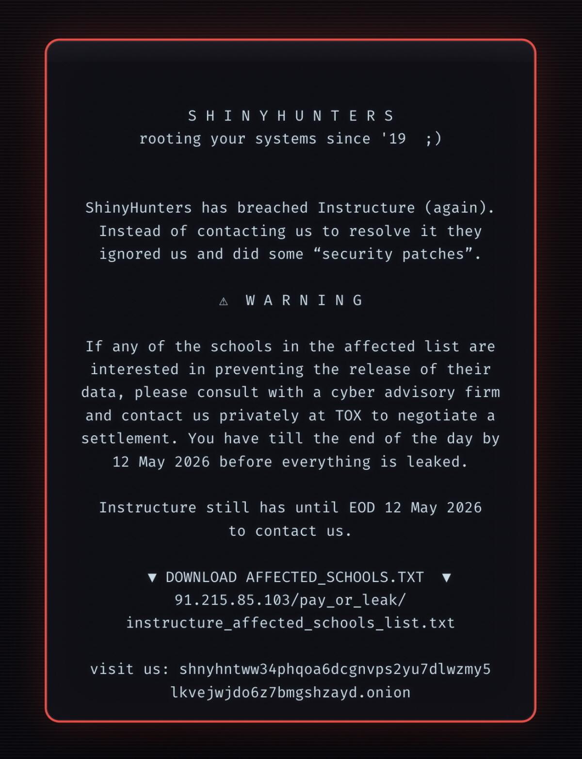 ShinyHunters cyberattack sparks nationwide alarm after Canvas breach