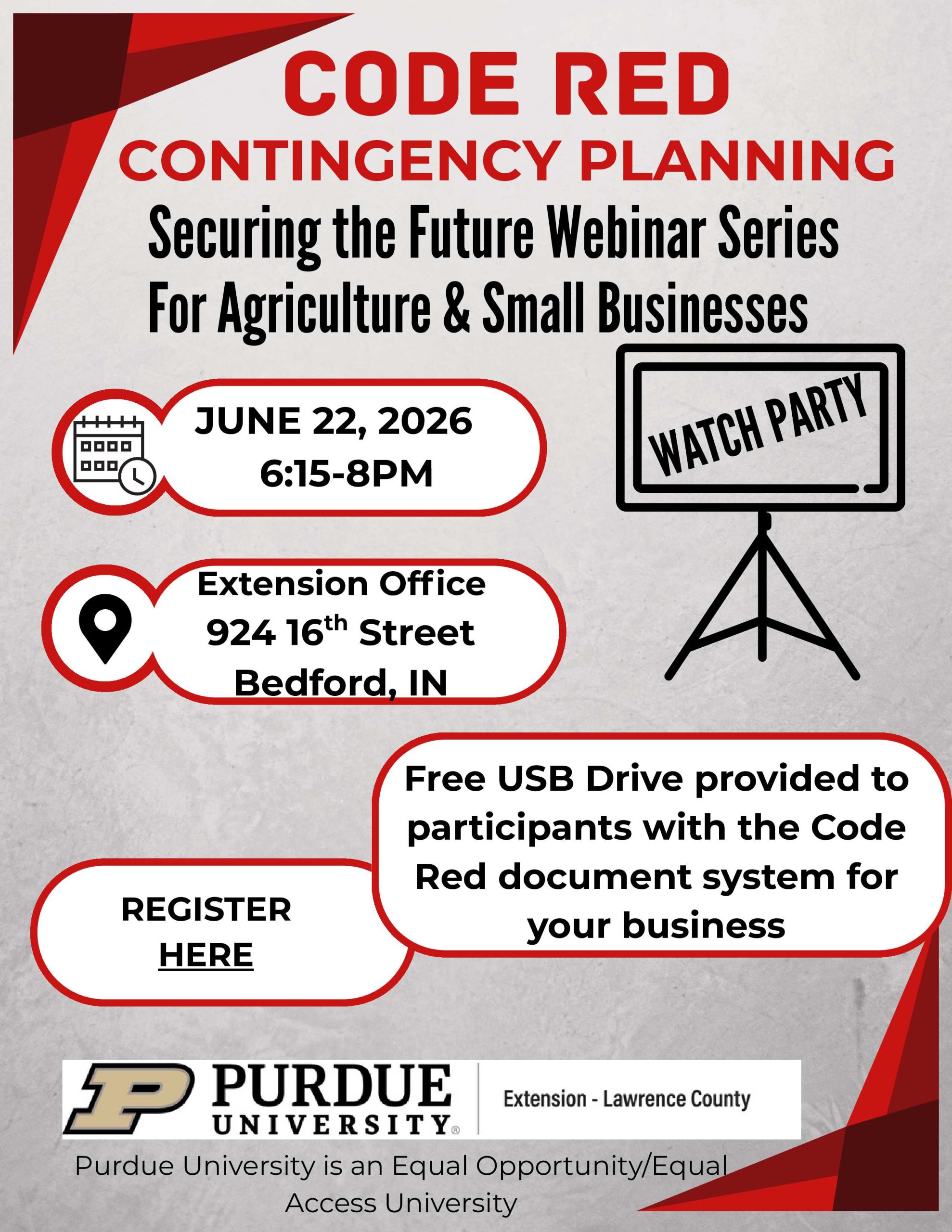 Lawrence County Purdue Extension to host ‘CODE RED’ small business & agriculture contingency planning watch party