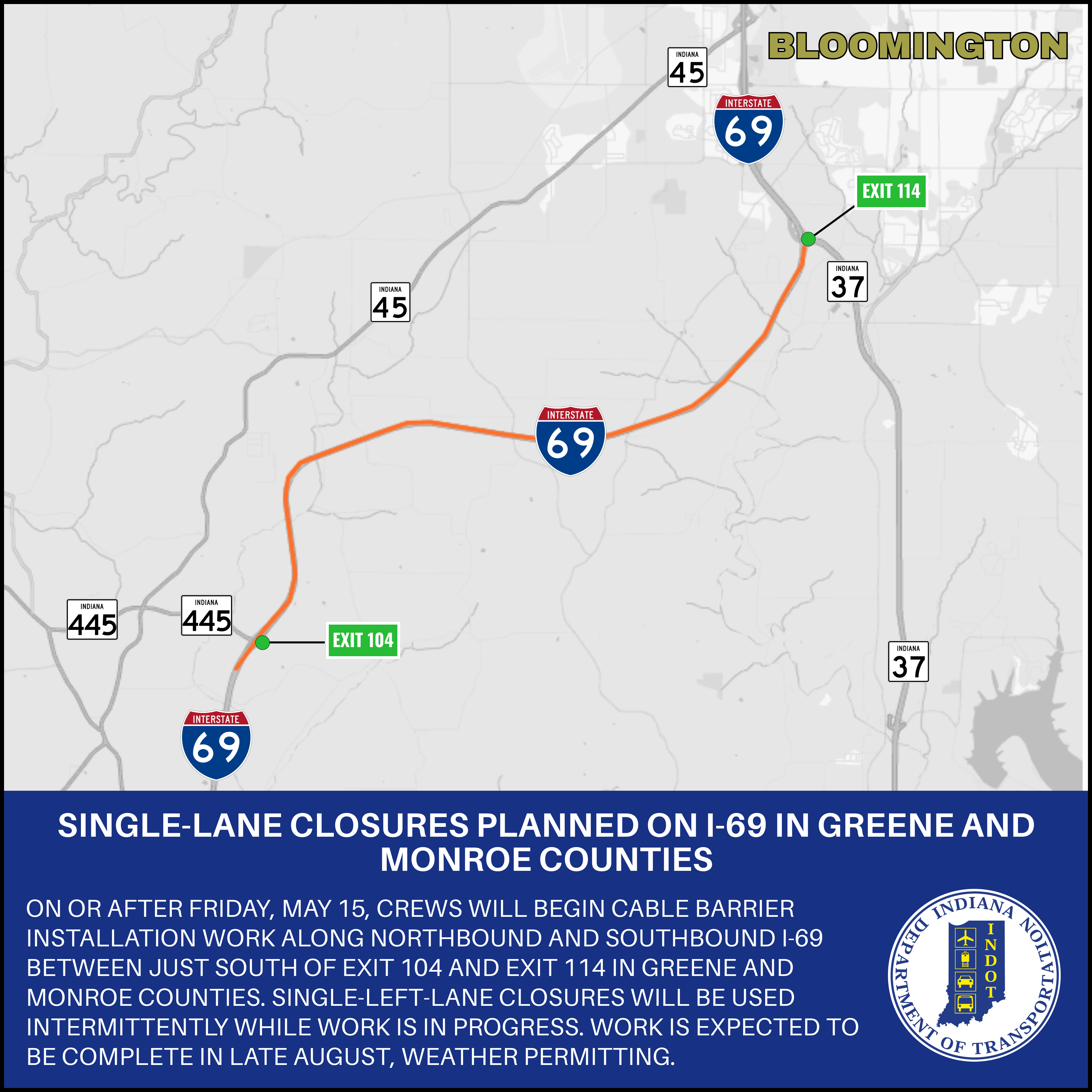 Single-lane closures planned on I-69 in Greene and Monroe counties