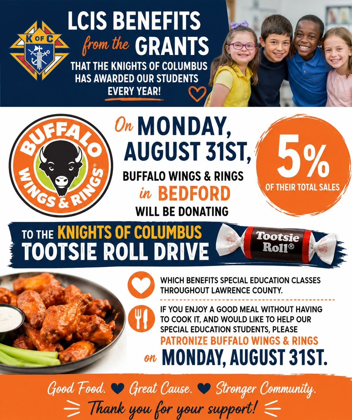 Buffalo Wings & Rings to support Knights of Columbus Tootsie Roll Drive